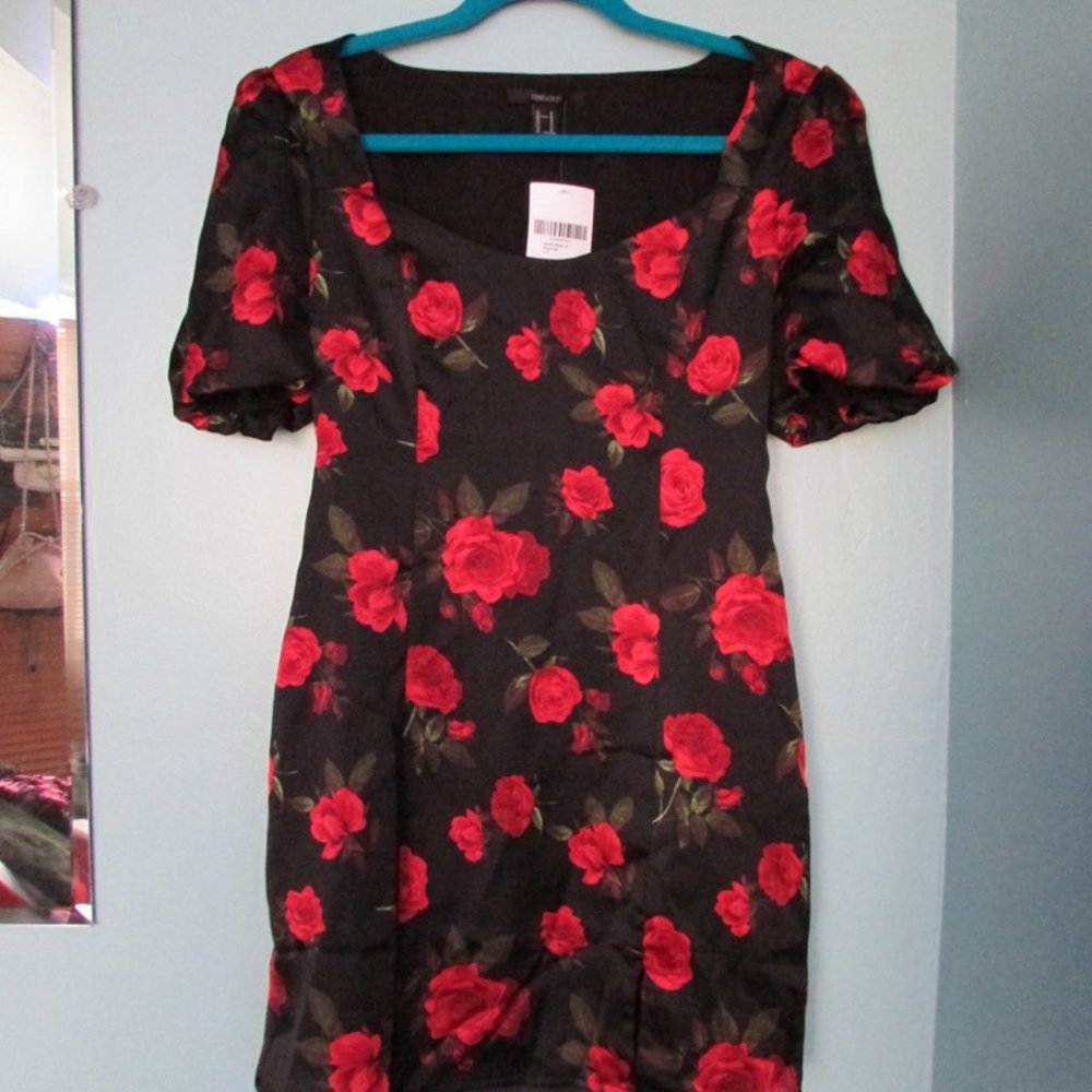 Puff Sleeve Silky Rose Mini Dress
